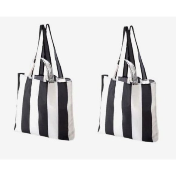 IKEA Skynke Set of 2, Foldable Packable Shoulder Shopper Tote Bags/Stripe, B & W - Picture 1 of 5